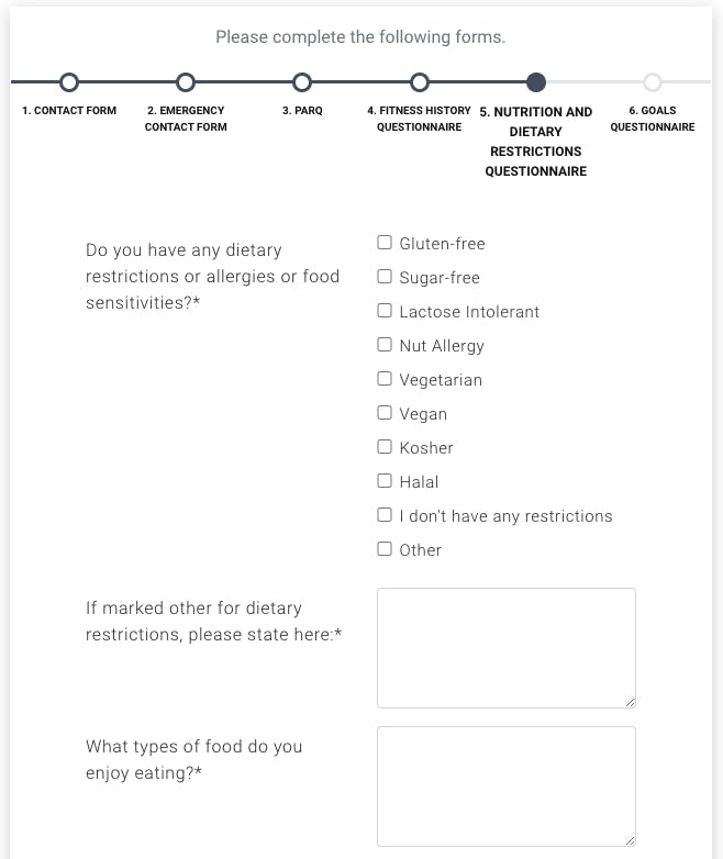 Personal training questionnaire for clients TeamUp